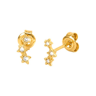 4x7mm Aretes de Dama Oro 14k Tres Estrellas Escalonadas con Diamantes Naturales