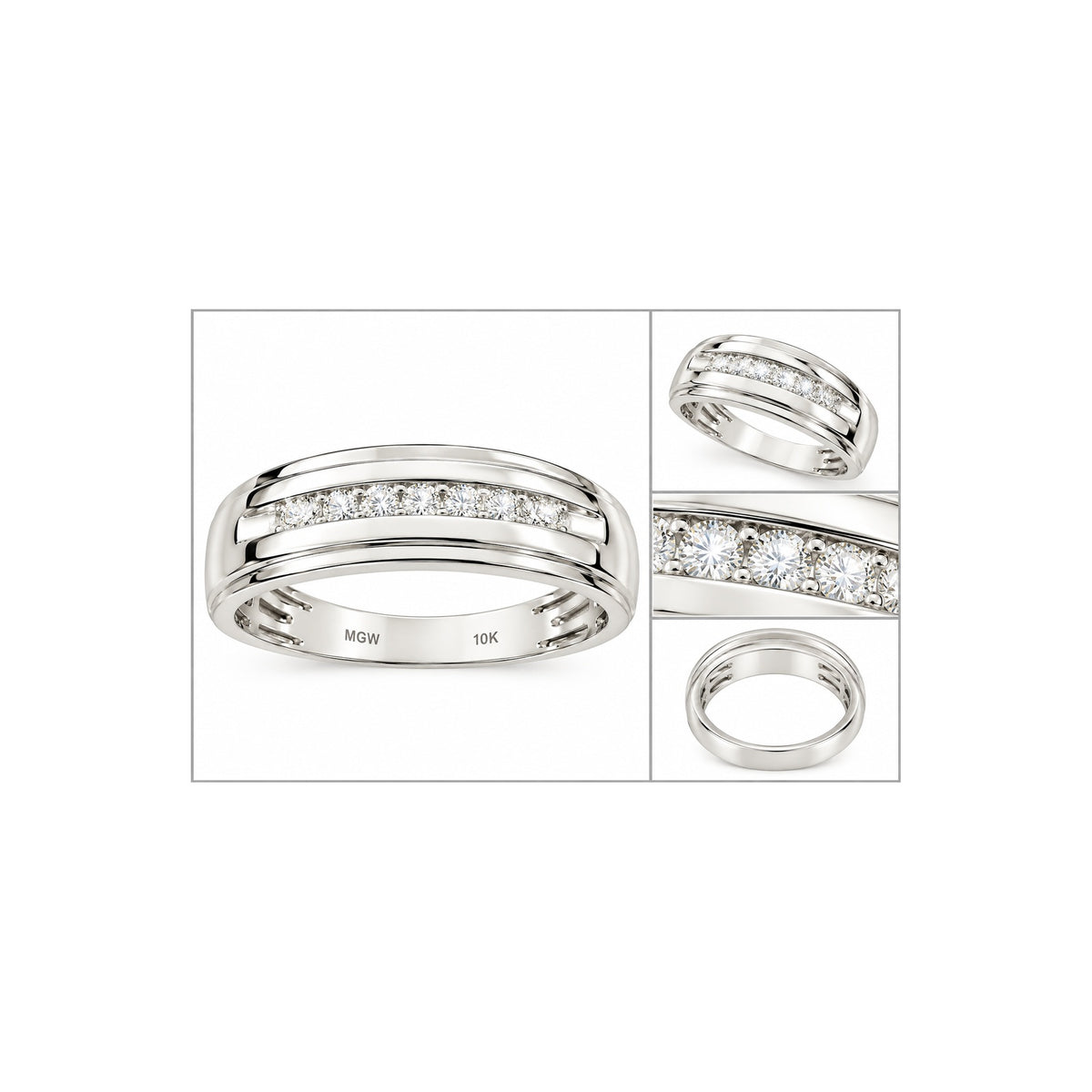 Anillo de Matrimonio de Hombre Oro Blanco 10k Canal de Diamantes Naturales