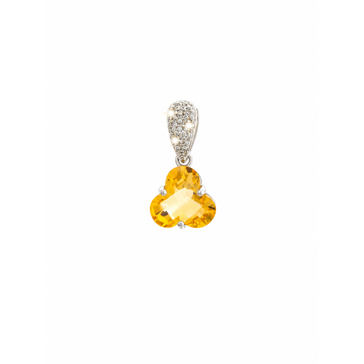 12.8mm Dije Citrina Corte Trébol Oro Blanco 14k con Circonios