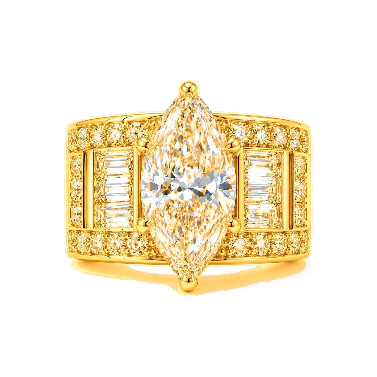 Anillo de Matrimonio para Dama Oro 10k Marquesa Art Deco con Baguettes y Pavé