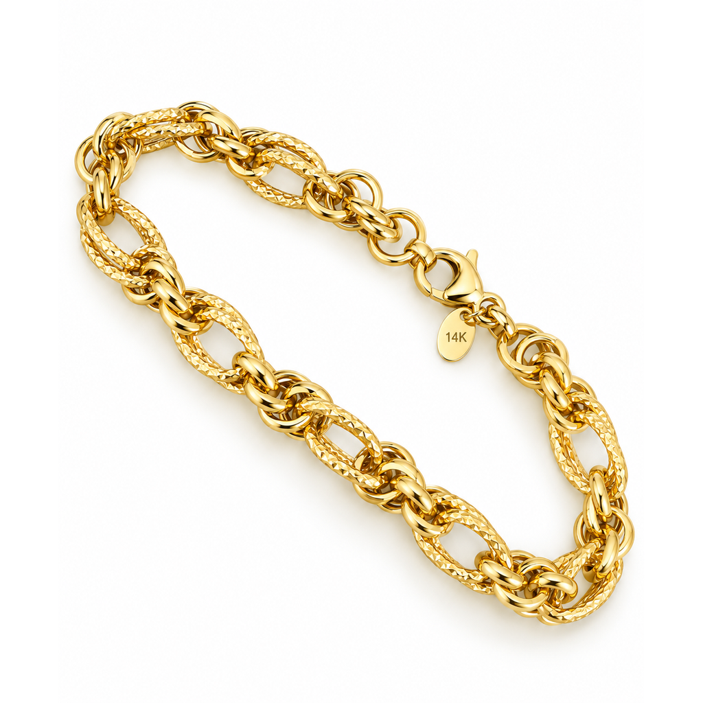 Brazalete de Dama Oro 14k Eslabones Ovalados y Redondos