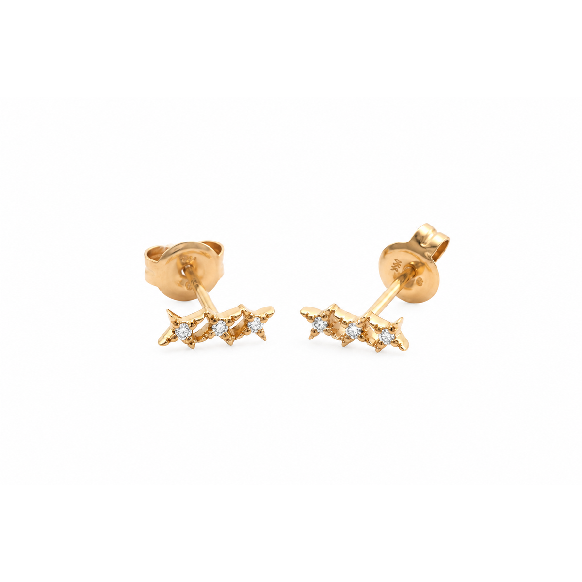 3x7mm Aretes de Dama Oro 14k Tres Estrellas con Diamantes Naturales