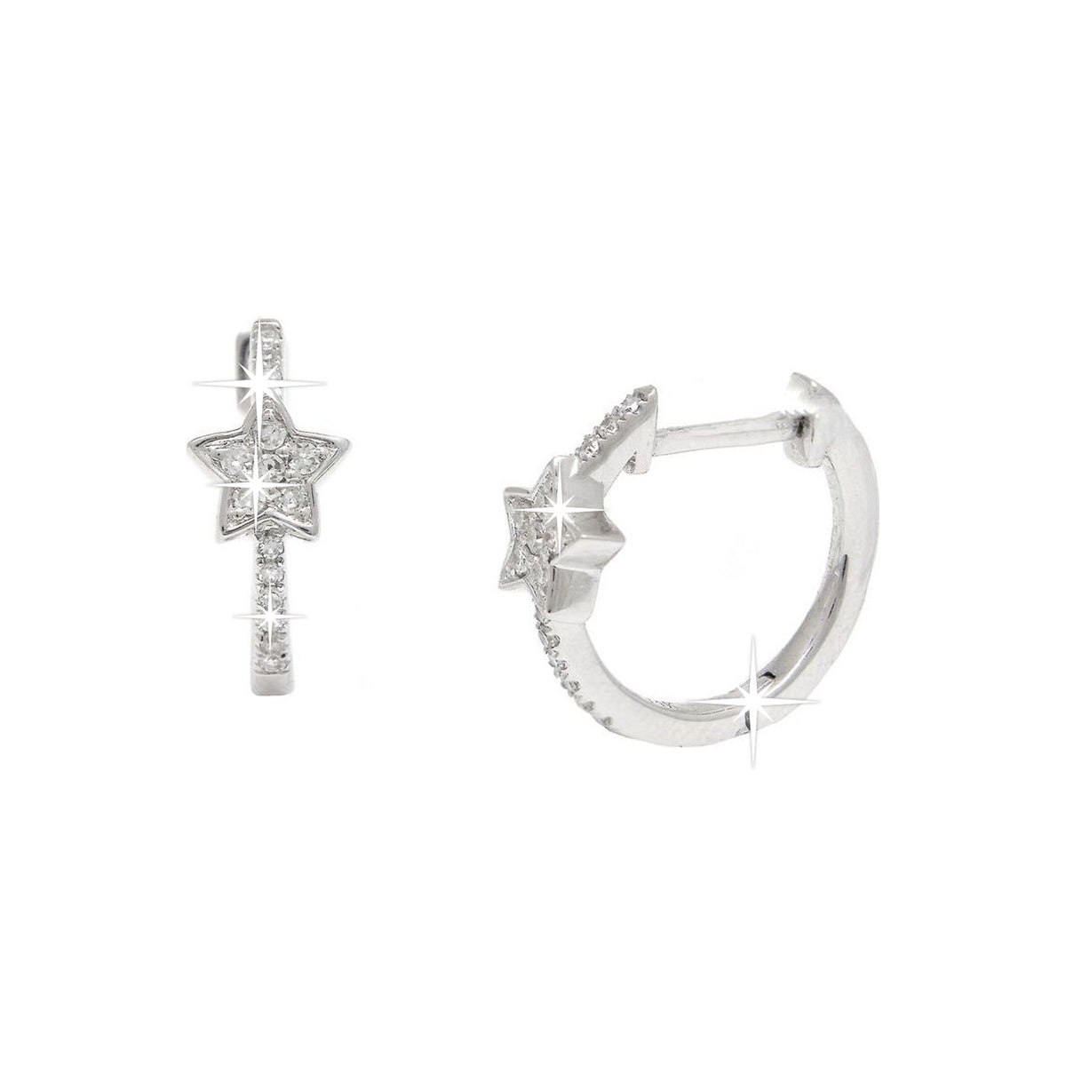 12mm Aretes de Dama Oro Blanco 14k Argolla Estrella con Diamantes Naturales