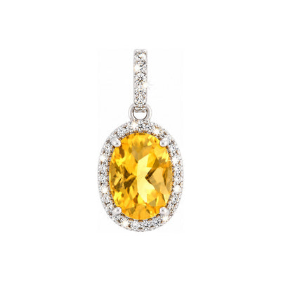 Dije Citrina Ovalada Oro Blanco 14k con Halo de Diamantes Naturales