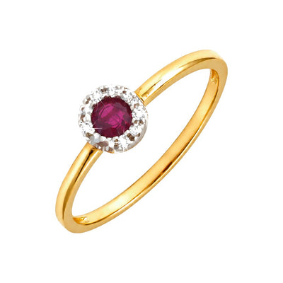Anillo de Dama Oro 14k Rubí Redondo en Bisel con Halo de Diamantes Naturales