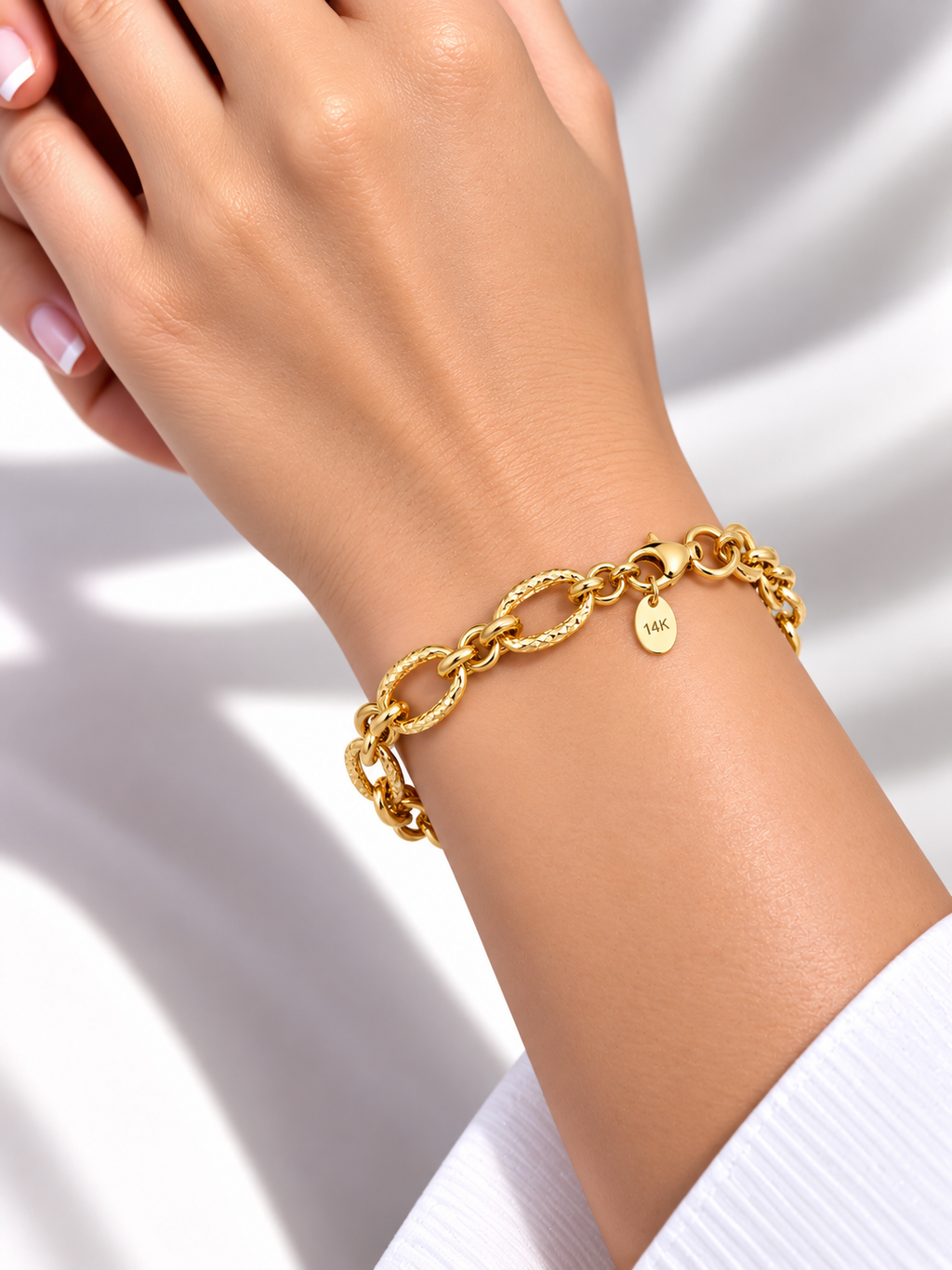 Brazalete de Dama Oro 14k Eslabones Ovalados y Redondos