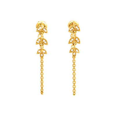 Aretes de Dama Oro 14k Tres Hojas con Cadena y Diamantes Naturales