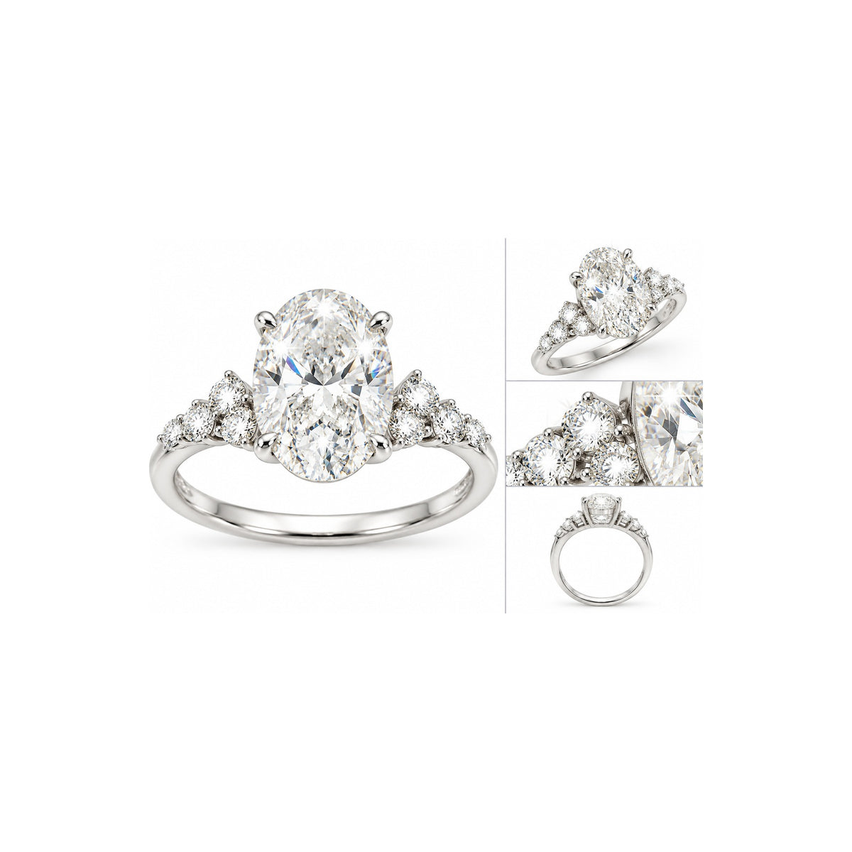 Anillo de Compromiso Oro Blanco 14k Ovalado 3ct Diamante de Laboratorio con Racimos Laterales