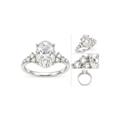 Anillo de Compromiso Oro Blanco 14k Ovalado 3ct Diamante de Laboratorio con Racimos Laterales