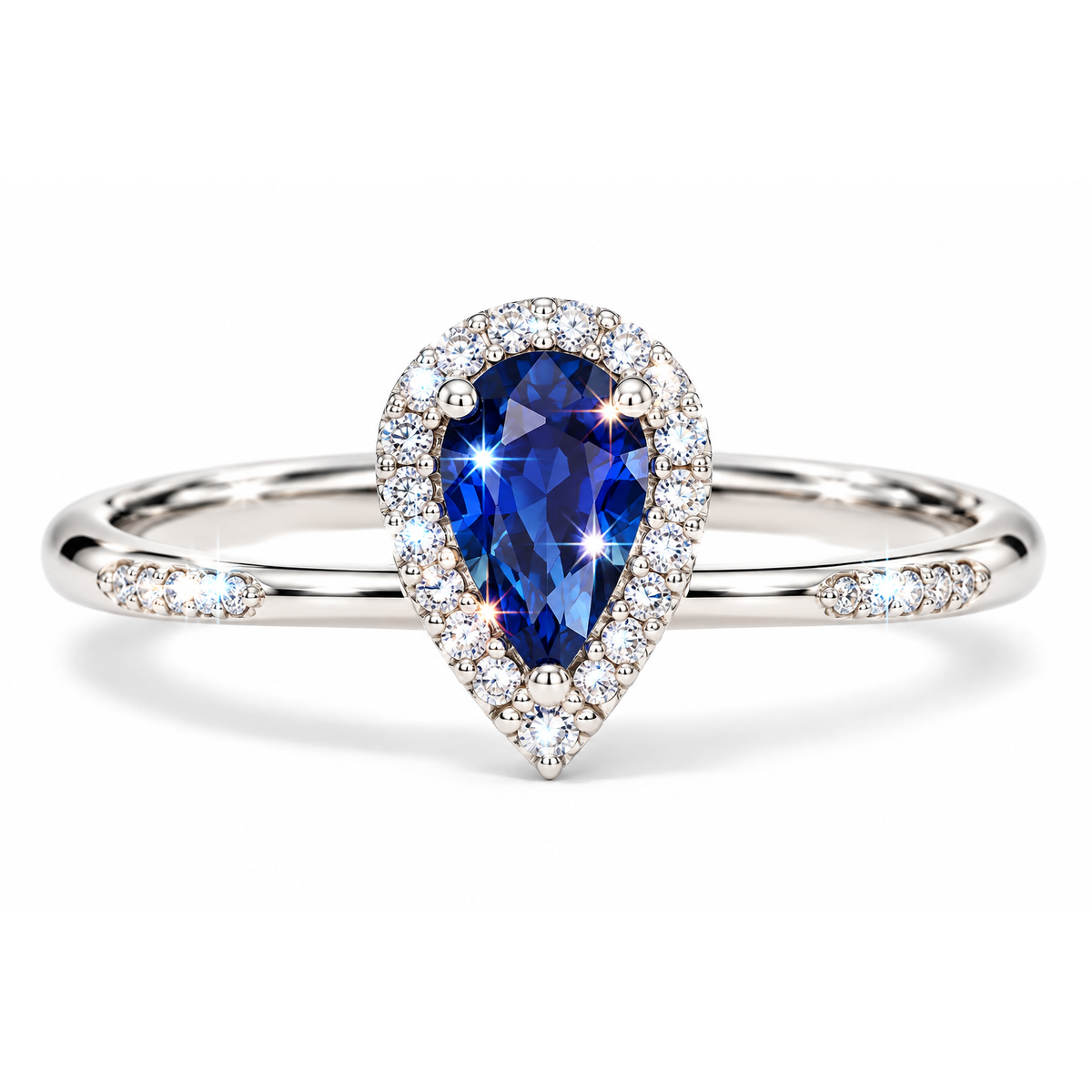 Anillo de Dama Oro Blanco 14k Zafiro Lágrima con Diamantes Naturales