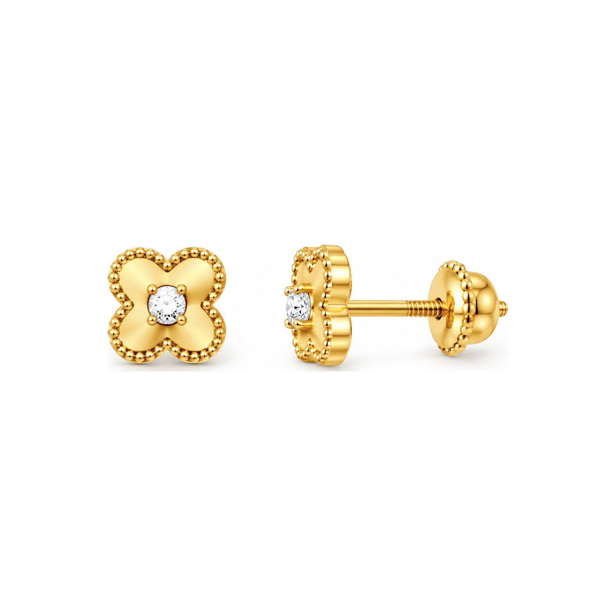 Aretes para Bebé Oro 14k Trébol Liso con Borde de Bolitas y Circonio