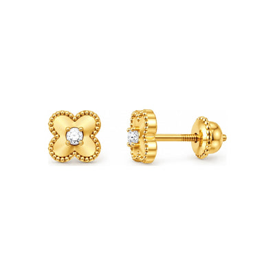 Aretes para Bebé Oro 14k Trébol Liso con Borde de Bolitas y Circonio