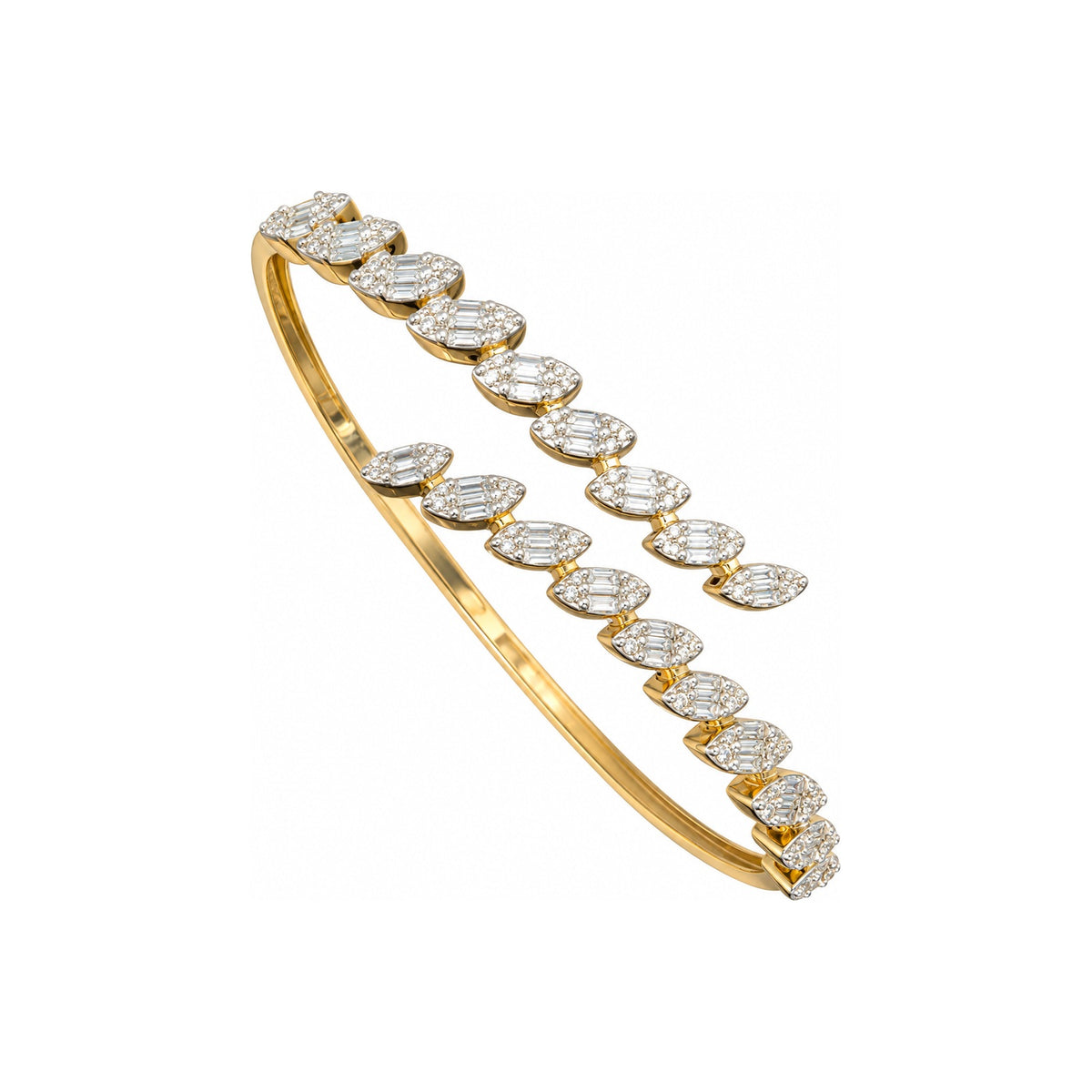 Brazalete de Dama Oro 14k Rígido Abierto Marquesas Baguette con Diamantes Naturales