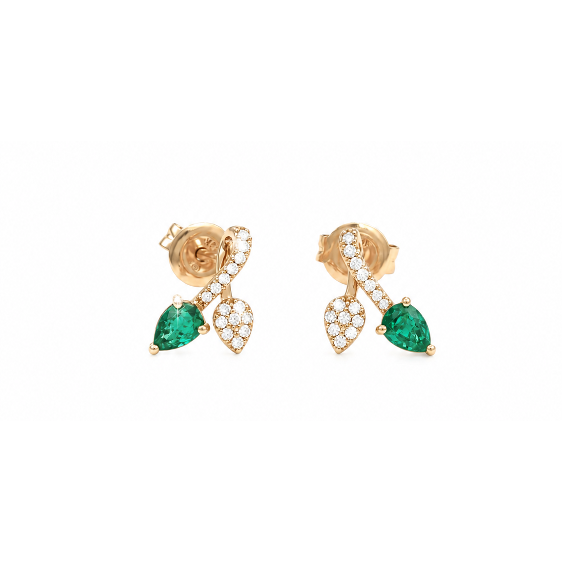 Aretes de Dama Oro 14k Esmeralda Pera con Hoja de Diamantes Naturales