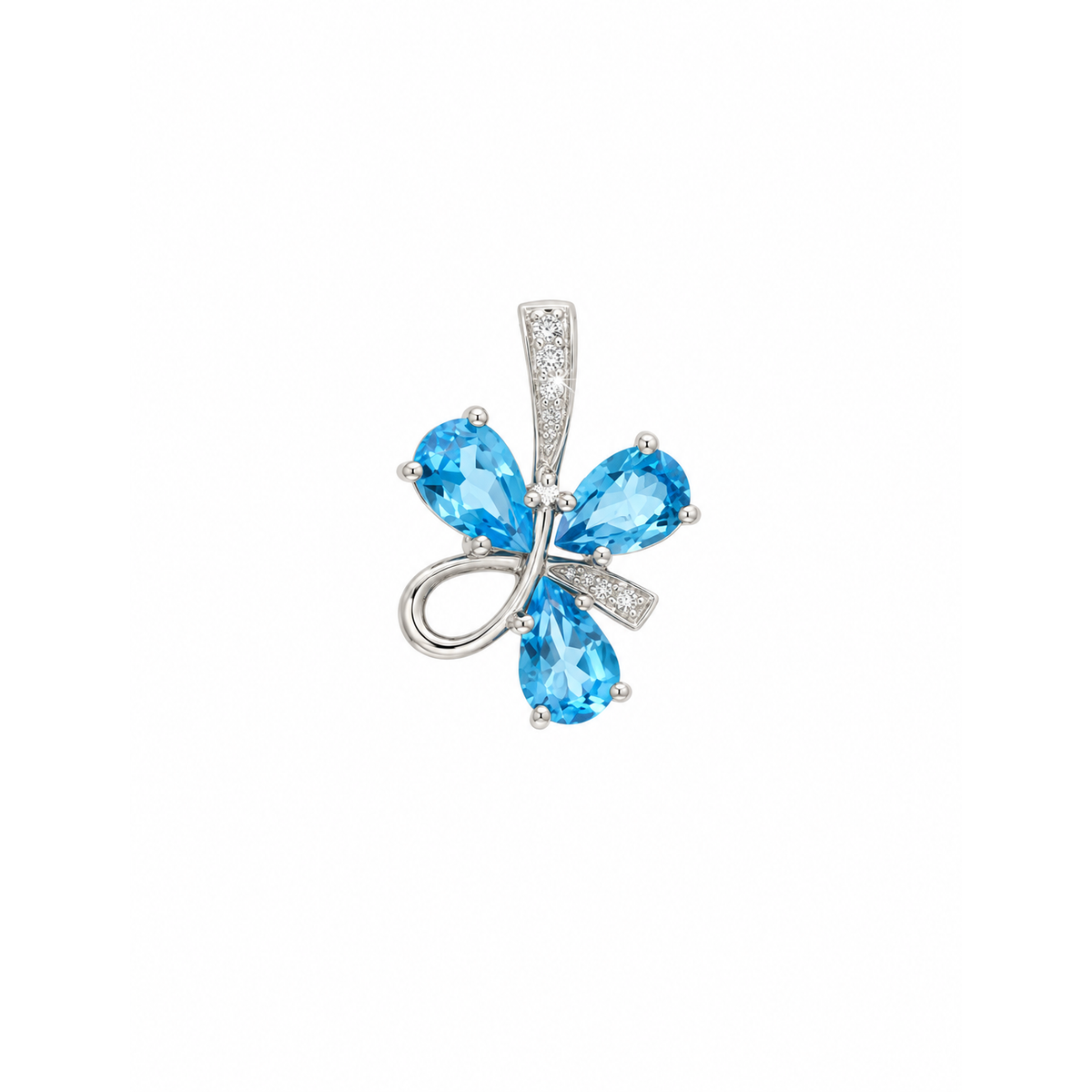Dije Flor Topacio Azul Oro Blanco 14k con Circonios