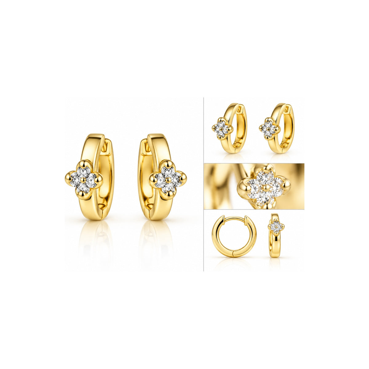 Aretes de Dama Oro 10k Huggie Flor de Cuatro Circonios