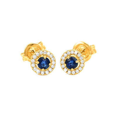 6mm Aretes de Dama Oro 14k Zafiro Redondo con Halo de Diamantes Naturales