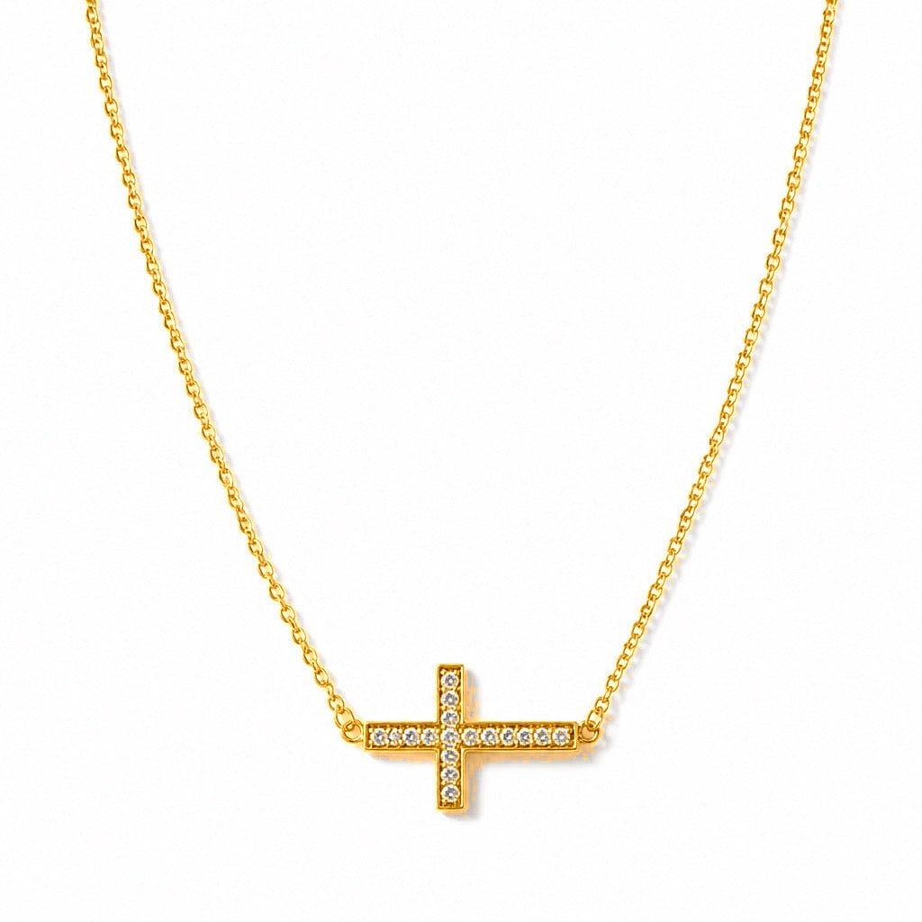 Cadena Oro 14k con Dije Cruz Horizontal Grande Circonios
