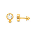 Aretes para Bebé Oro 14k Solitario Redondo en Bezel con Tornillo