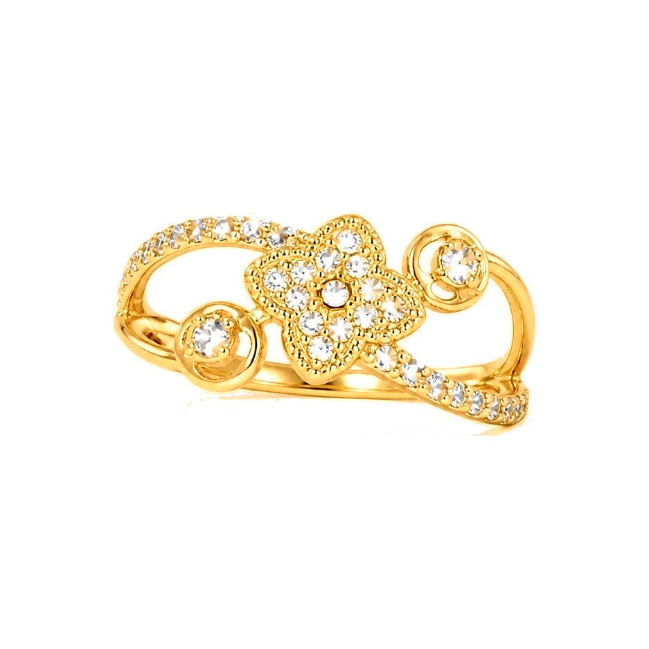 Anillo de Dama Oro 14k Flor Pave con Remolinos