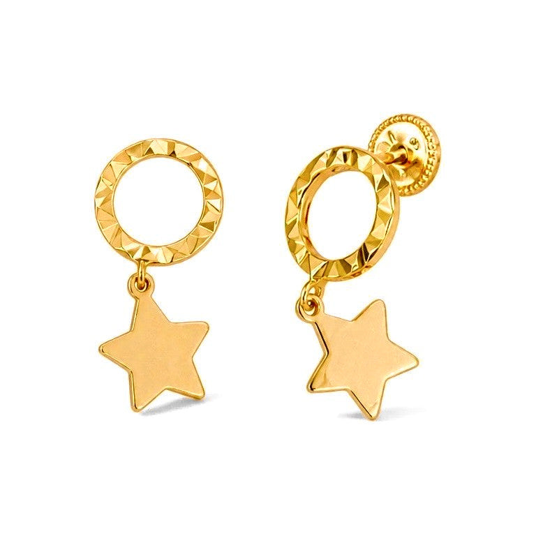 Aretes de Dama Oro 14k Aro Diamantado con Estrella
