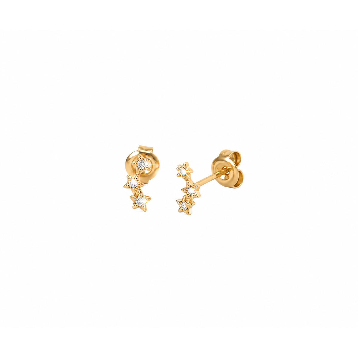 4x7mm Aretes de Dama Oro 14k Tres Estrellas Escalonadas con Diamantes Naturales