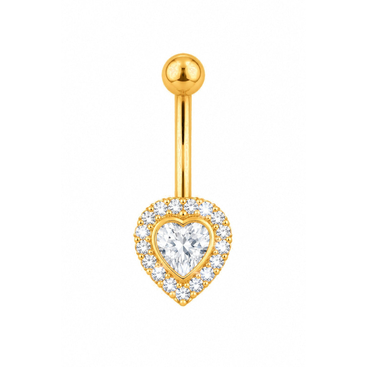 Arete de Ombligo Oro 14k Corazón con Halo de Circonios