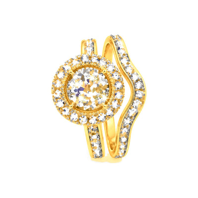 Set de Matrimonio para Dama Oro 10k Cluster Redondo con Halo y Banda Curva de Diamantes Naturales
