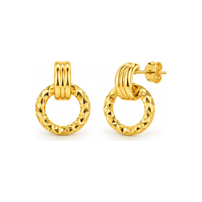 Aretes de Dama Oro 14k Aro Diamantado Colgante con Banda Acanalada