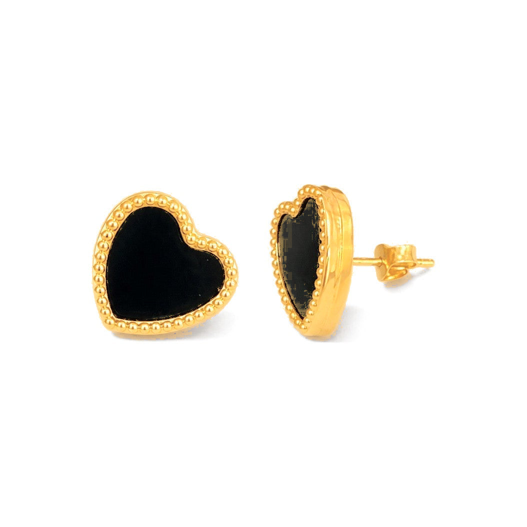 Aretes de Dama Oro 14k Corazon Onix