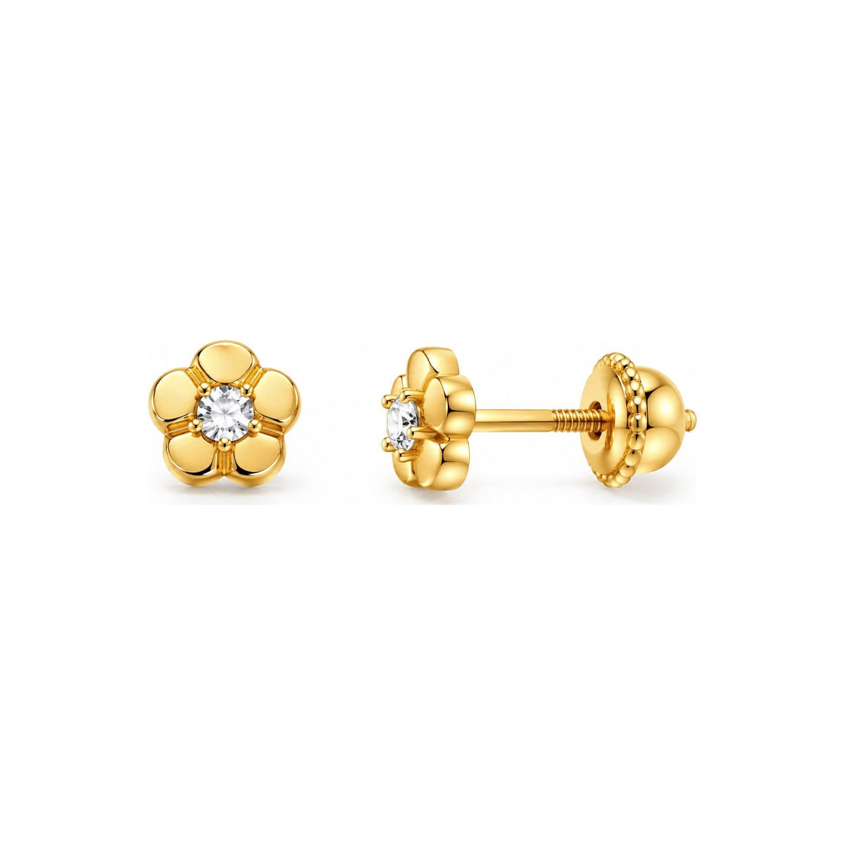 Aretes para Bebé Oro 14k Flor de Cinco Pétalos Abombada con Circonio