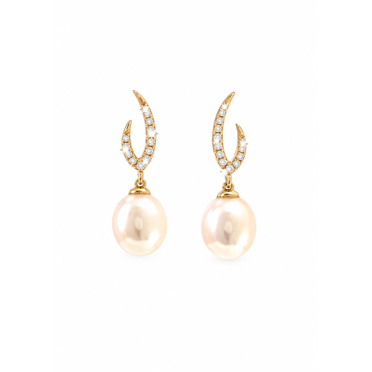 7x20mm Aretes de Dama Oro 14k Perla Colgante con Media Luna de Diamantes Naturales