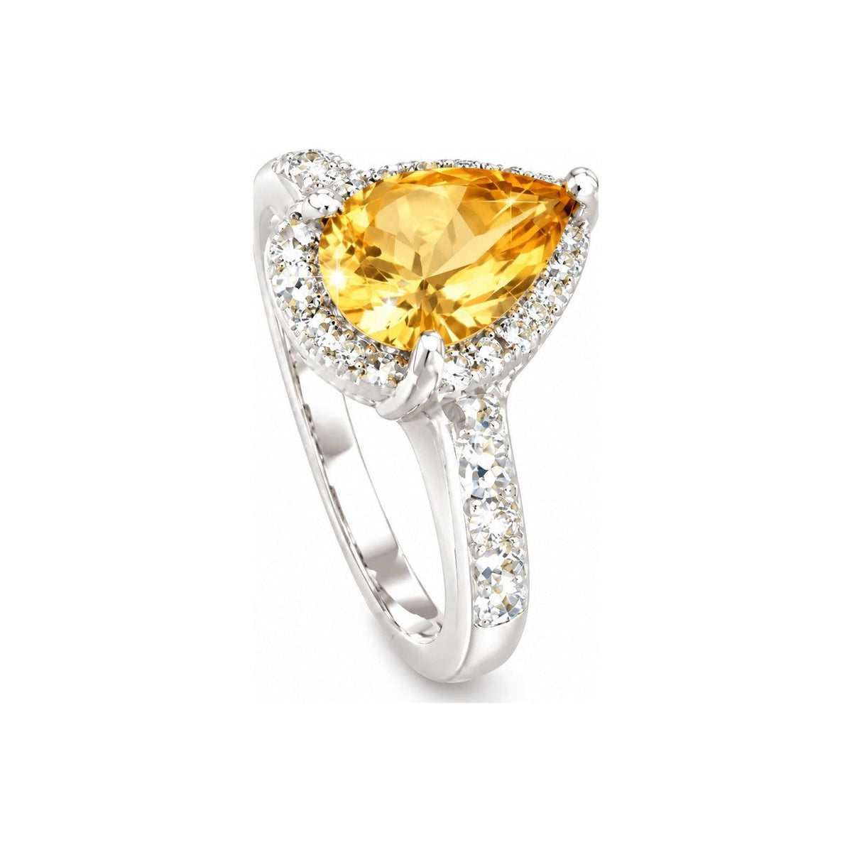 Anillo de Dama Oro Blanco 14k Citrino Natural Halo Diamante