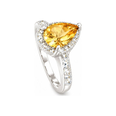 Anillo de Dama Oro Blanco 14k Citrino Natural Halo Diamante