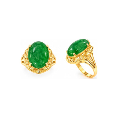 Anillo de Dama Oro 14k Jade Oval Cabujón con Corona Calada