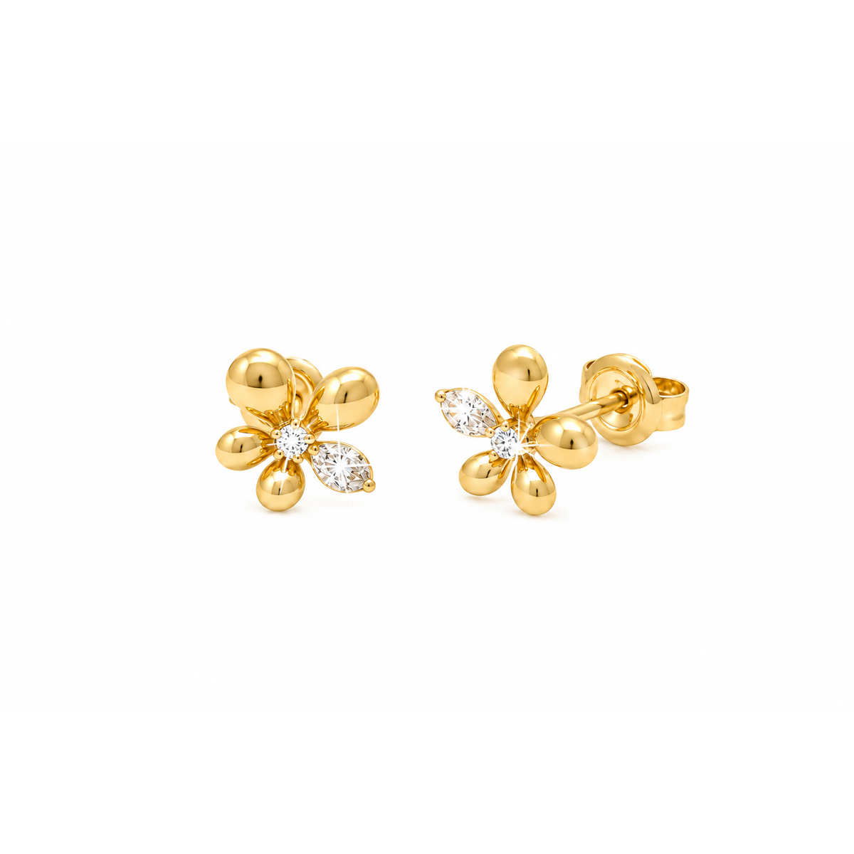 9mm Aretes de Dama Oro 14k Flor de Pétalos Lisos con Diamantes Naturales