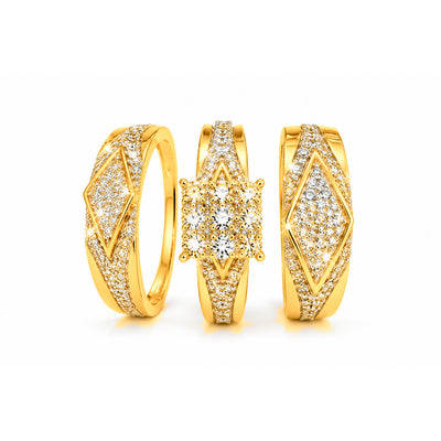 Trio de Anillos 14k de Matrimonio con Rombos de Diamantes Naturales