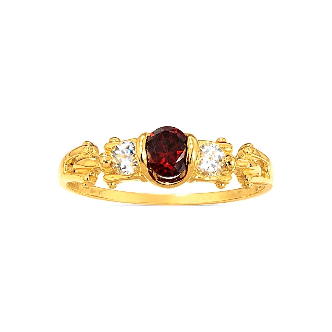 Anillo de Dama Oro 10k Oval Rojo con Circonios y Banda Tallada