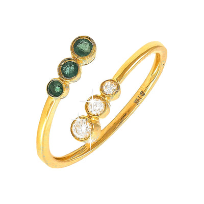 Anillo de Dama Oro 14k Bypass Redondos con Esmeralda y Diamantes Naturales
