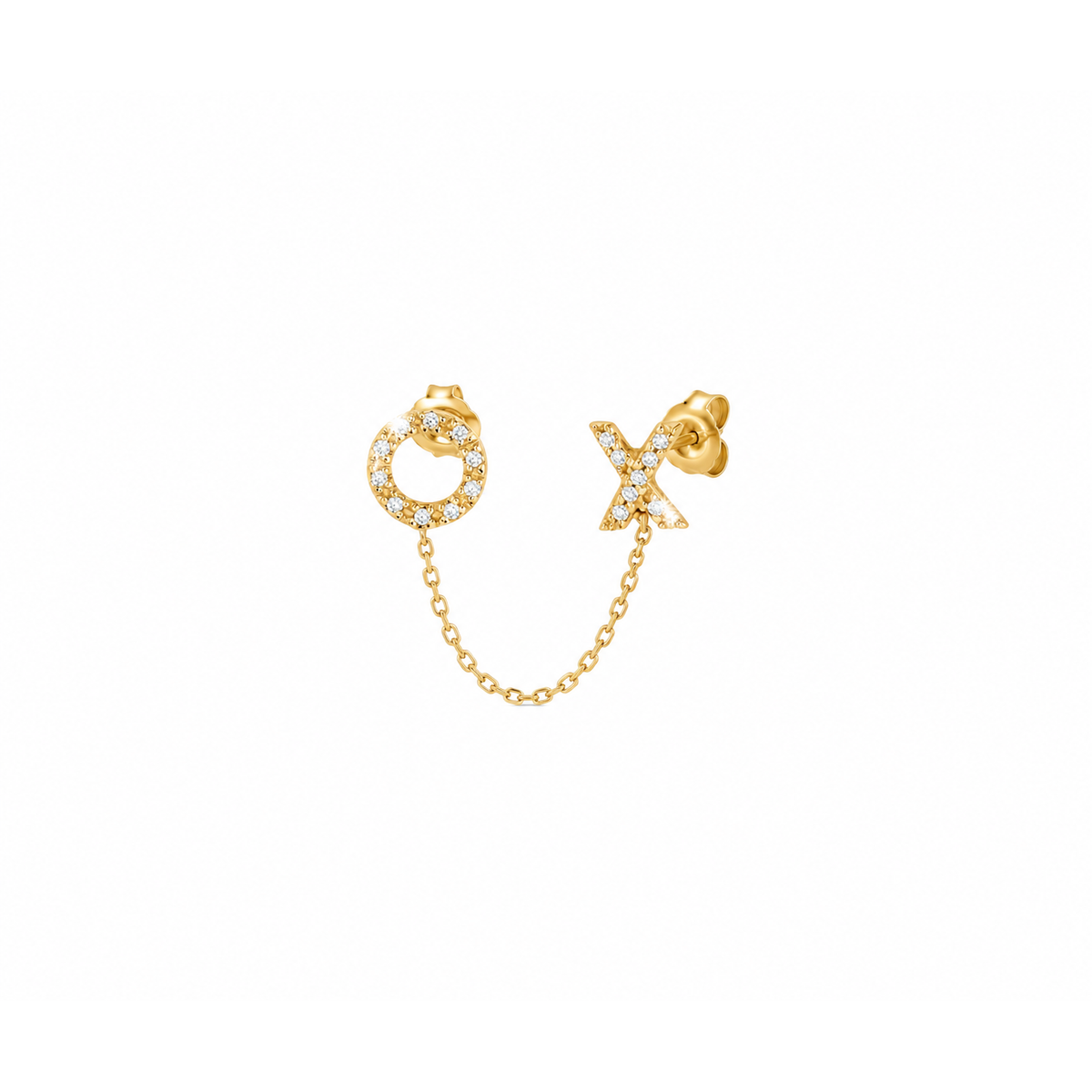 6mm Arete de Dama Oro 14k Doble Perforación XO con Cadena y Diamantes Naturales