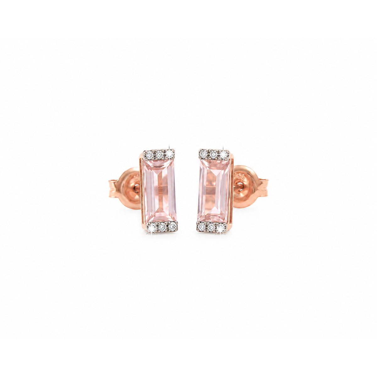 3x9mm Aretes de Dama Oro Rosa 14k Barra de Cuarzo Rosado con Diamantes Naturales