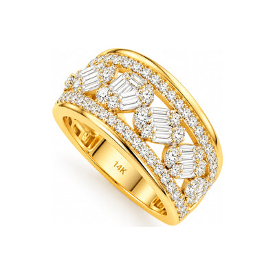 Anillo de Dama Oro 14k Banda Ancha Calada con Baguettes y Diamantes Naturales