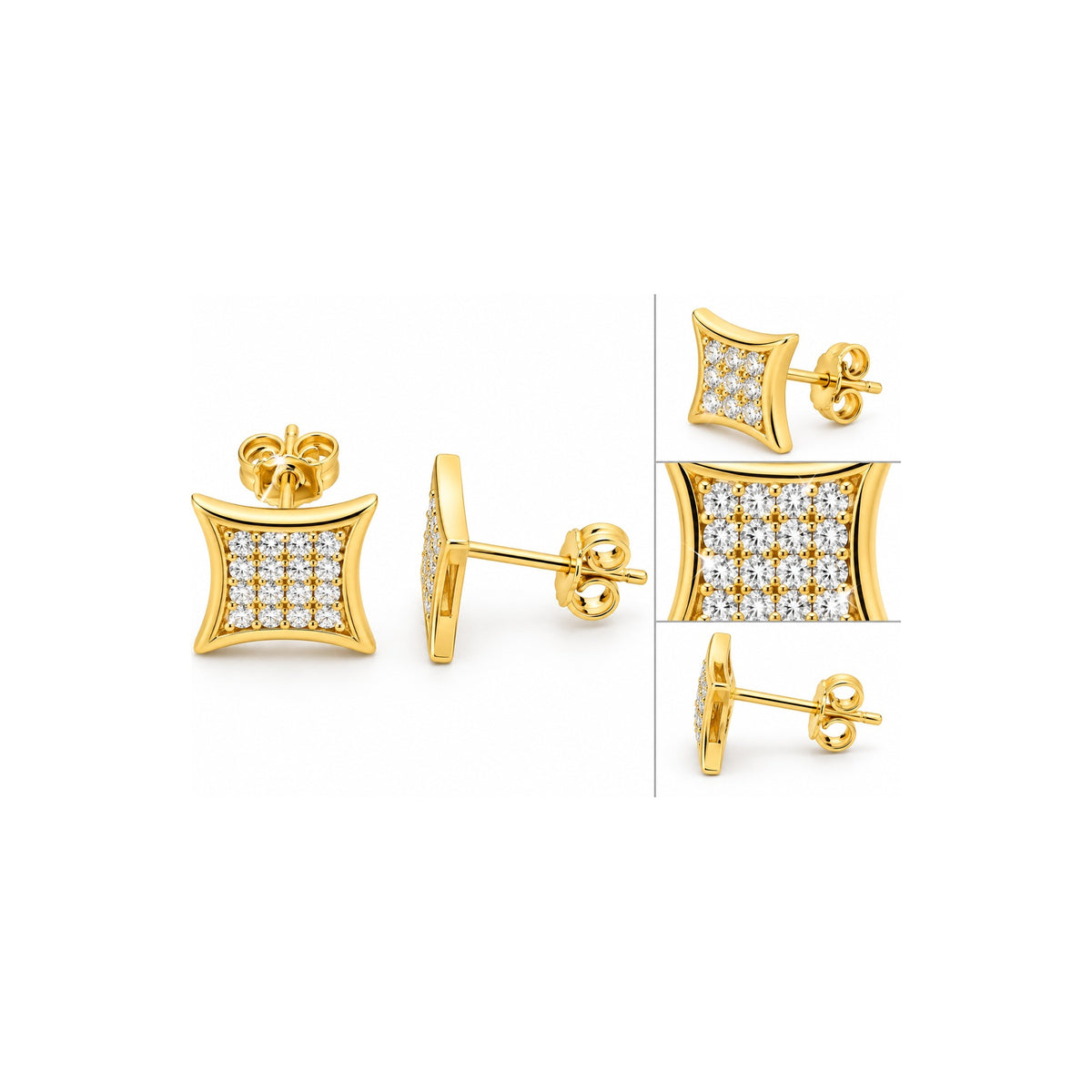 Aretes de Dama Oro 10k Cuadrados Cóncavos Pavé de Circonios