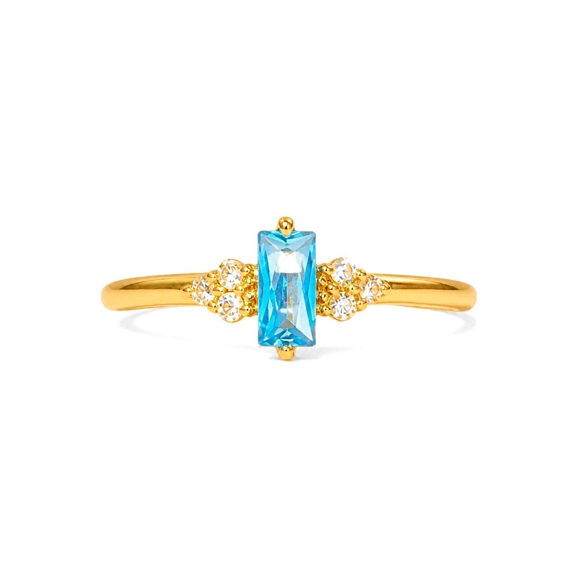 Anillo de Dama Oro 14k Circonia Azul Baguette con Racimos