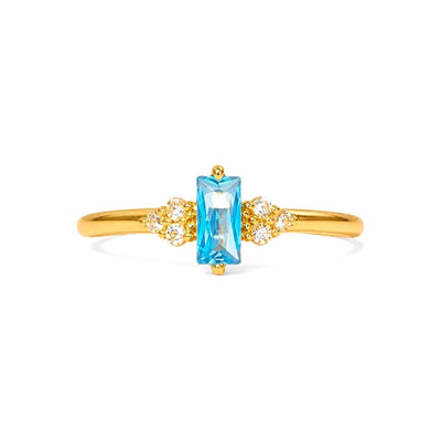 Anillo de Dama Oro 14k Circonia Azul Baguette con Racimos