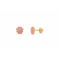 Aretes para Bebé Oro 14k Flor Esmaltada Rosa con Circonio