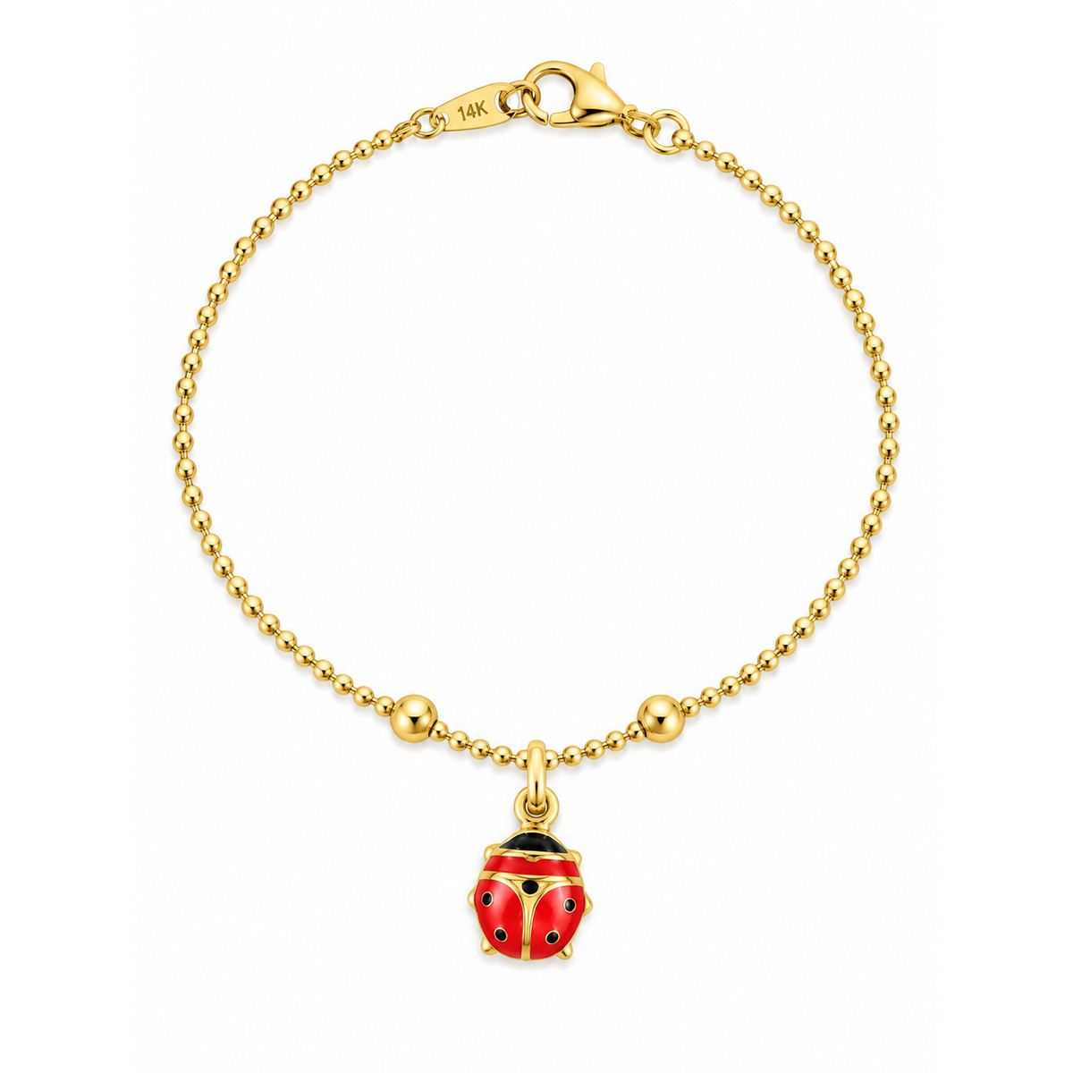 Brazalete de Niño Infantil Oro 14k Bolitas con Dije de Mariquita