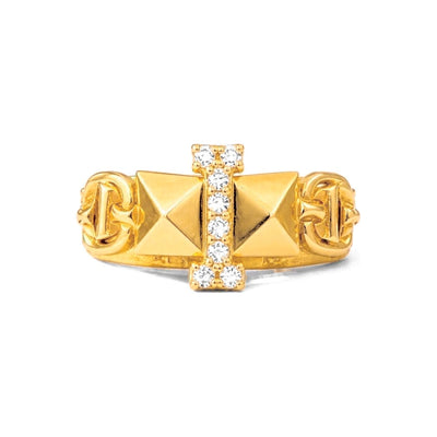 Anillo de Dama Oro 10k Pirámides y Eslabones con Circonias