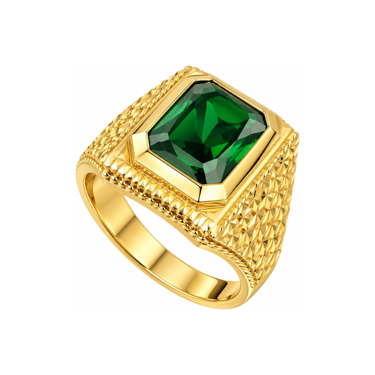 Anillo de Hombre Oro 14k Circonia Verde Rectangular con Laterales Diamantados