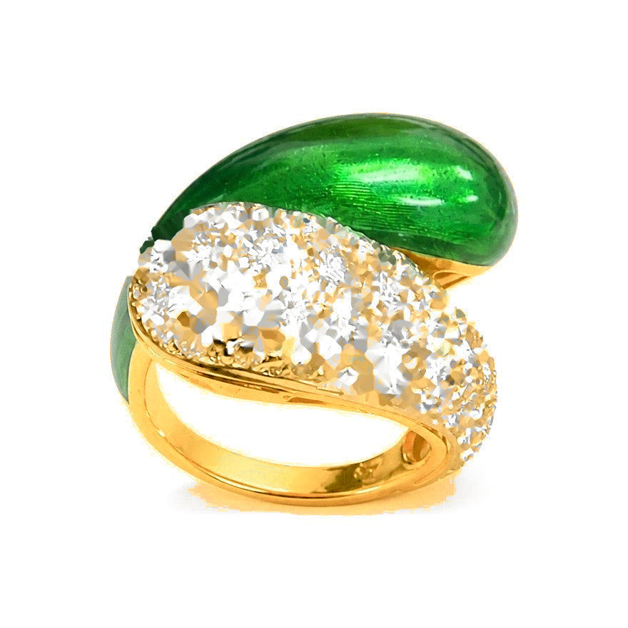 Anillo de Dama Oro 14k Bypass Esmalte Verde y Diamantes